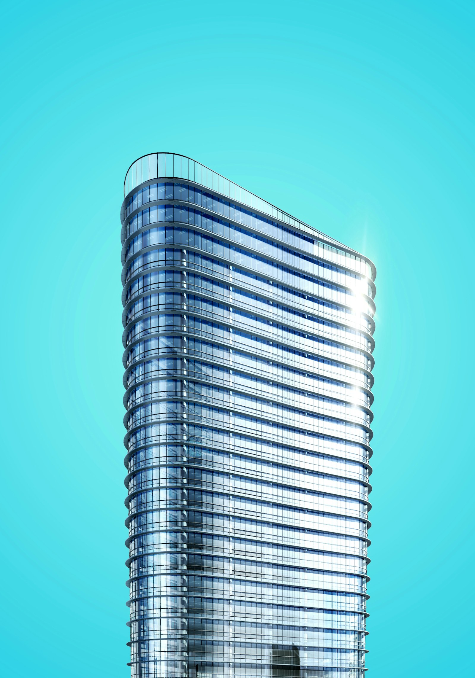 Contemporary glass tower against a blue sky; illustrative stock photograph.